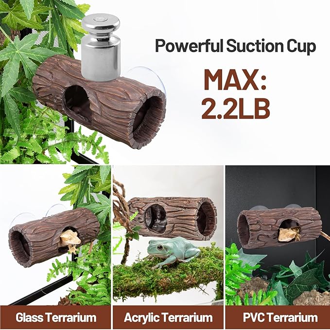 Reptile Hide, Resin Hollow Log Hideout with 2pcs Powerful Suction Cup, Reptile Tank Accessories Climbing Toys Terrarium Hideaway Caves Decor for Gecko, Lizard, Snakes, Hermit Crabs, Forgs CAVACHEWReptileSupplies