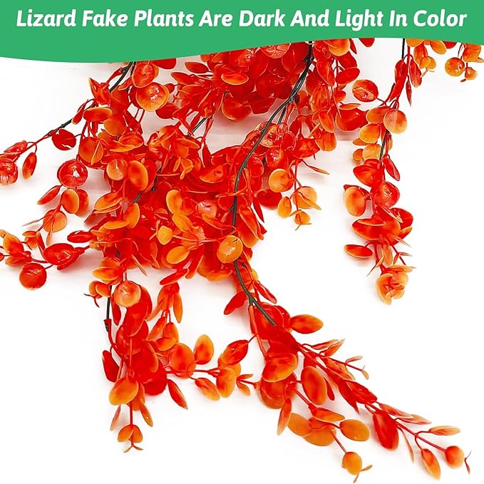 Hamiledyi Fake Reptile Plants 2 Pack Hanging Fake Plants, Plants for Reptiles with Suction Cup, Fake Amphibian Plants for Bearded Dragon Lizard Geckos Chameleon Tank (Orange) Hamiledyi