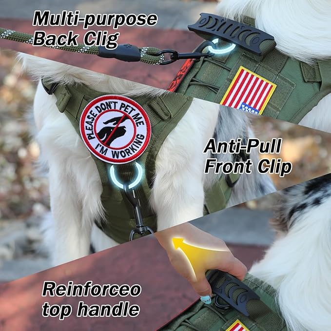 No Pull Tactical Dog Harness for Small Dogs, Escape Proof Molle Dog Vest Harness and Leash Set, Adjustable Military Service Dog Harness with Handle for Medium Large Dogs (Green, Small) Yungaspy