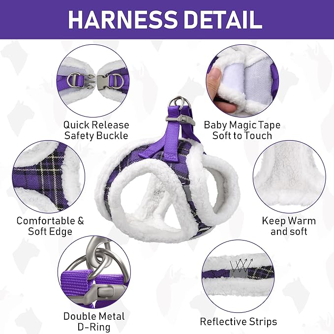 GAMUDA Small Dog Harness Collar and Leash Set, Step in No Chock No Pull Soft Mesh Adjustable Dog Vest Harnesses Plaid Reflective for Dogs Puppy Cats Kitten Rabbit (Warm Purple, XL) GAMUDACollarsCollection