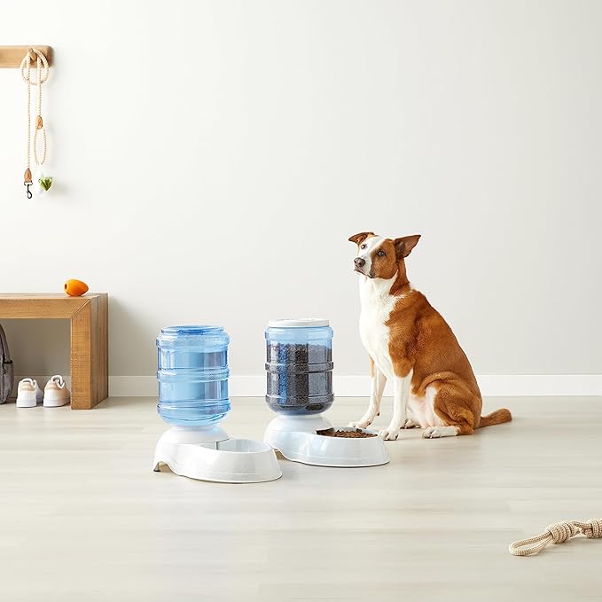 Amazon Basics Automatic Dog Cat Water Dispenser Gravity Feeder and Waterer Set, Large, 12-Pound Food Capacity, 2.5-Gallon, Gray - PAWPICO
