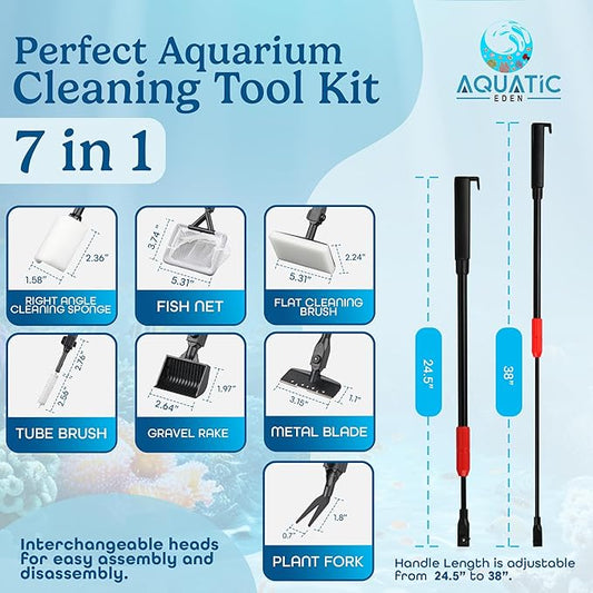 Aquarium Cleaning Tools 7 in 1 - Fish Tank Cleaning Kit with Algae Scraper, Scrubber Pad, Adjustable Telescopic Long Handle, Fish Net, Gravel Rake, Fork & Brush - Saltwater & Freshwater Fish Tank AQUATICEDEN