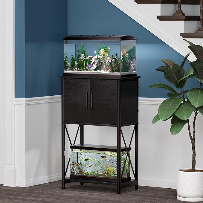 5-10 Gallon Fish Tank Stand, Metal Double Aquarium Stand with Cabinet for Fish Tank Accessories Storage, Heavy Duty 20.5" L* 11.02" W Tabletop, 500LBS Capacity Black PG06YGB Herture