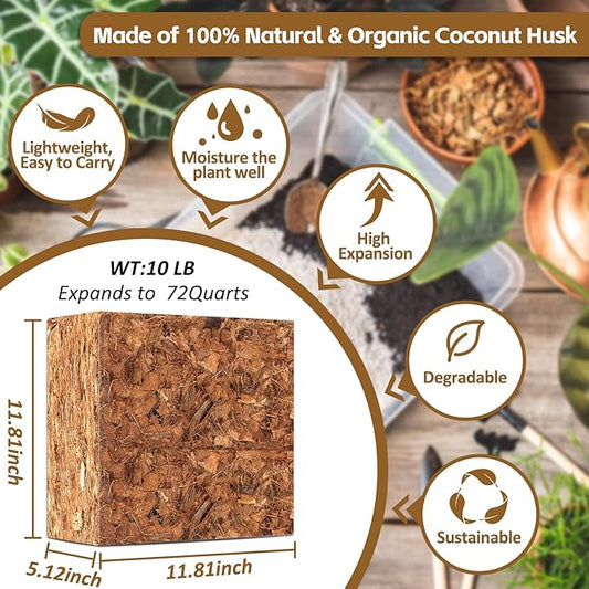 Riare 10LBS Coco Chips Substrate for Plants- 100% Organic Coconut Husk Chips with Low EC and pH Balanced, High Expansion Coconut Substrate Coco Husk Mulch for Garden Flowers, Herbs, Planting Riare