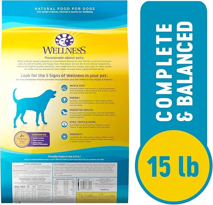 Wellness Complete Health Dry Dog Food with Grains, Natural Ingredients, Made in USA with Real Meat, All Breeds, For Adult Dogs (Whitefish & Sweet Potato, 15-Pound Bag) - PAWPICO