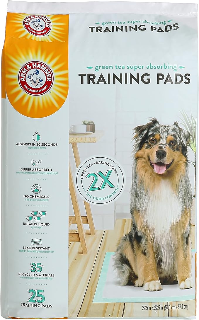 Arm & Hammer Green Tea Pet Training Pads | 25-Ct Dog Training Pads with Super Absorbing Green Tea Baking Soda for 2X The Odor Control | Leakproof & Recycled Training Pads for Dogs,White - PAWPICO