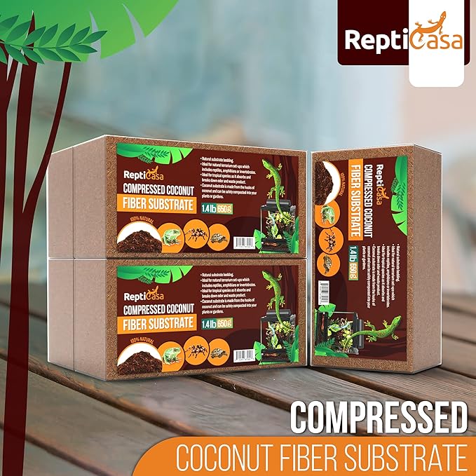 Compressed Coconut Fiber Substrate, 1.4 lb. Bricks, Natural Husk Terrarium Bedding, Reptiles, Frogs, Snakes, or Tortoise, Odor and Waste Absorbent Compostable, 5 Pack ReptiCasa