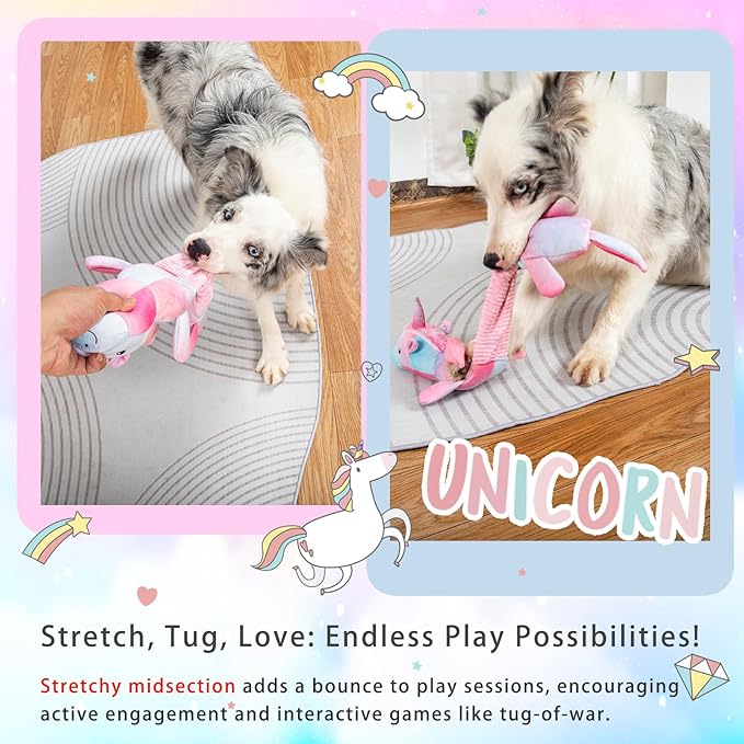 Squeaky Dog Toys, Crinkle Dog Toy, Plush Unicorn Dog Toy, Dog Toys to Keep Them Busy, Tug of War & Pull Dog Toys for Small, Medium Dogs Puppy - PAWPICO