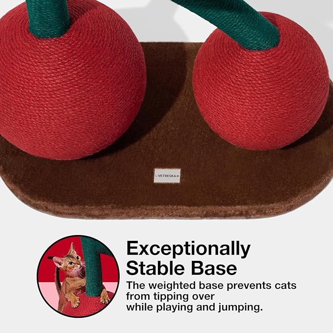 VETRESKA Cat Scratching Post, Large Cherry Cat Scratcher with Hammock, Tall Cat Scratch Interactive Toy with Natural Sisal Rope for Indoor Cats, Kittens - PAWPICO