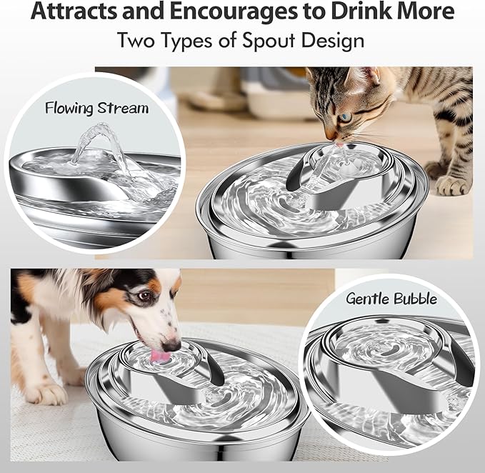 ORSDA Cat Water Fountain Stainless Steel, 2L/67oz Pet Fountain for Cats Inside, Automatic Dog Drinking Dispenser Cat Feeding & Watering Supplies with 2 Filter - PAWPICO