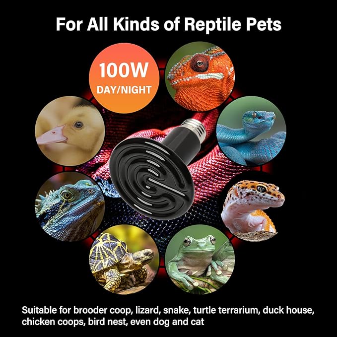 HealSmart Reptile Heat Lamp Bulb Ceramic Heat Emitter 100W No Light Emitting Brooder Coop Heater for Amphibian Pet & Incubating Chicken, Black HealSmart
