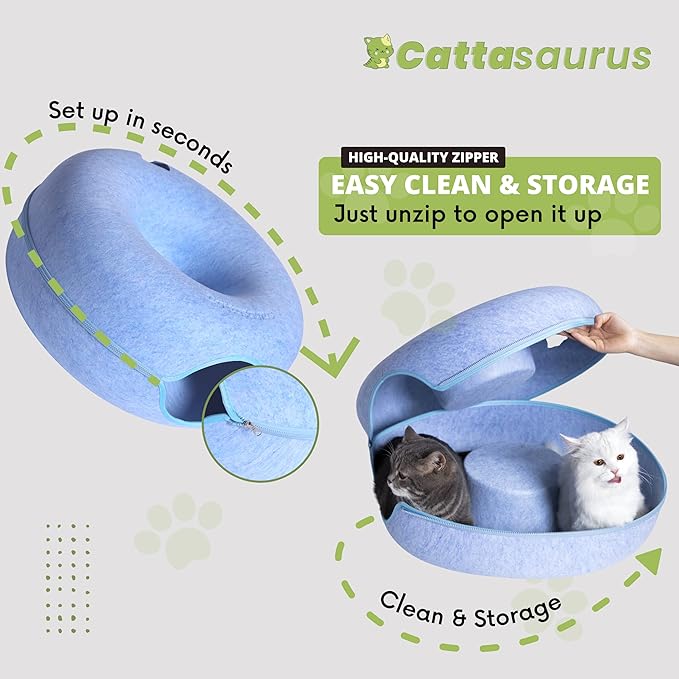 CATTASAURUS Peekaboo Cat Cave for Multiple & Large Cats Up to 30-45 Lbs, Scratch Detachable & Washable Tunnel Bed, Comfy Donut Cat Cave (Blue, Large) - PAWPICO