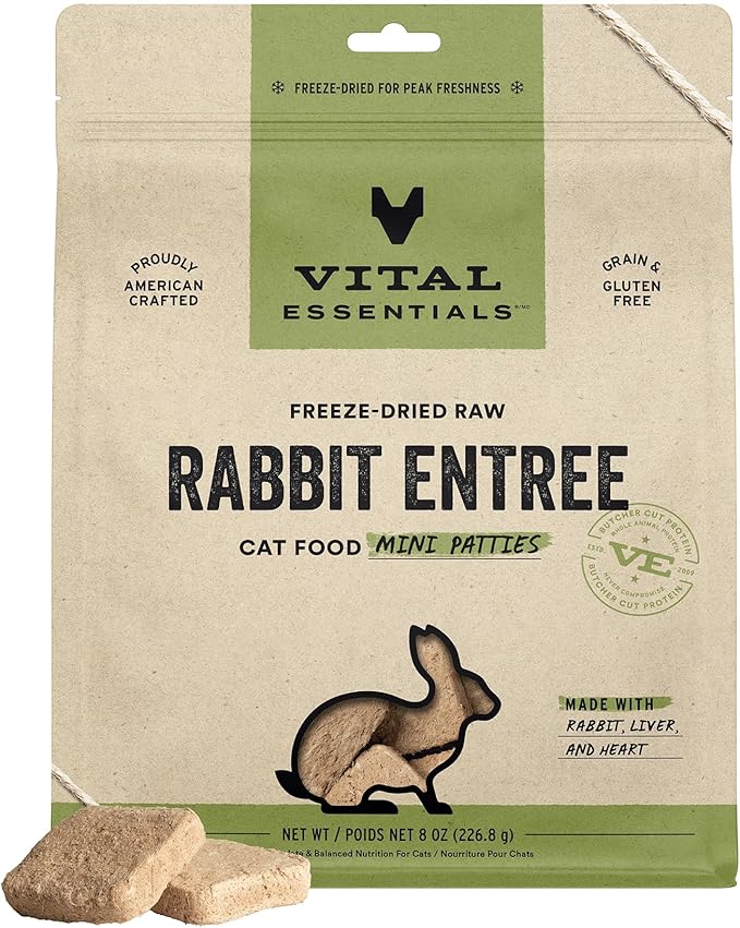 Vital Essentials Freeze Dried Raw Cat Food, Rabbit Mini Patties Entree, 8 oz VitalEssentials