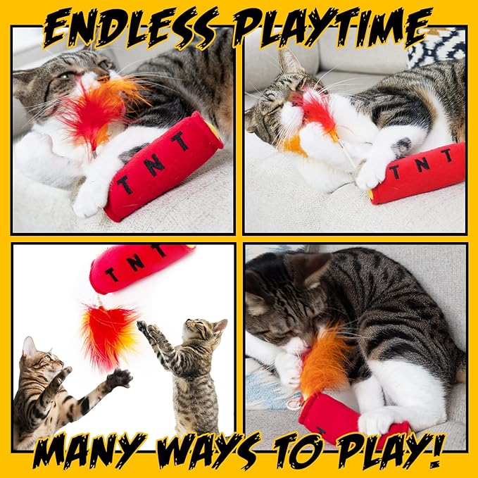 Cat Toys TNT, Cat Toys for Indoor Cats, Kitten Toys, Catnip Toys for Cats of All Breeds with Dangle Feathers and Jingle Sound - Kicking, Biting, Chewing - PAWPICO