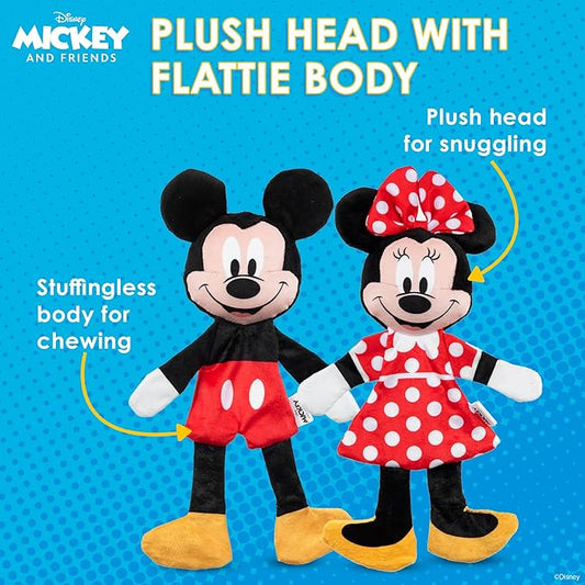 Mickey Mouse & Minnie Mouse Plush Squeaker with Crinkle Flattie Body Dog Toy Set | Disney Dog Toys | Plush Squeaker Toy for Dogs Inspired by Mickey Mouse, 13.5in - 2 Pack - PAWPICO