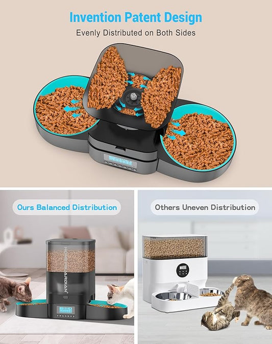 HoneyGuaridan 3.5L Automatic Cat Feeder for Two Cats, Cat Food Dispenser with Stainless Steel Bowl,Timed Cat Feeder Programmable 1-6 Meals Control, Dual Power Supply,10s Meal Call Black - PAWPICO