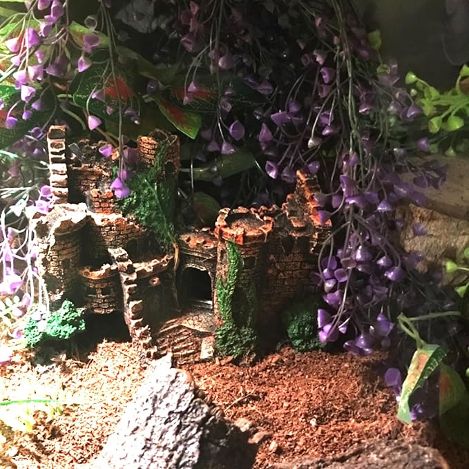 5 PCS Tank Accessories for Bearded Dragon Include Resin Classical Castle Reptile Climb Habitat Decor Hanging Jungle Vines Flexible Leaves Climbing Decor for Lizard Gecko Chameleon Spider MUYG
