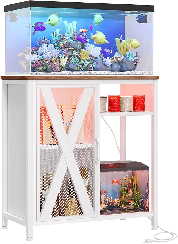 YITAHOME Fish Tank Stand with Power Outlets & LED Light, 20-29 Gallon Metal Aquarium Stand with Cabinet for Fish Tank Accessories Storage for Turtle Tank, Reptile Terrarium, 350LBS Capacity, White YITAHOME