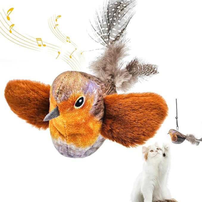 Chirping Bird Cat Toys Hanging Cat Feather Toy - Catnip Interactive Cat Toys for Indoor Cats - Automatic Cat Toy for Cat Exercise & Kicker to Self Play (Gray) - PAWPICO