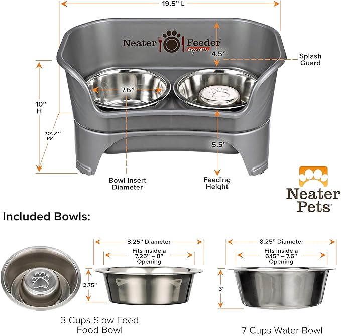 Neater Feeder - Express Model w/ Slow Feed Bowl - Mess-Proof Dog Bowls (M/L, Grey) Made in USA – Elevated, No Spill, Non-Tip, Non-Slip, Raised Stainless Steel Food/Water Pet Bowls Aid Digestion - PAWPICO