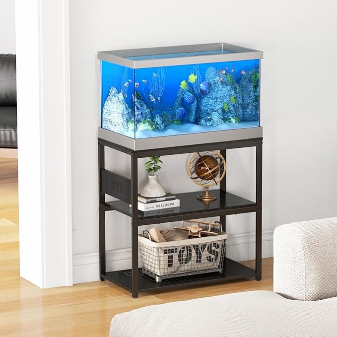 20-29 Gallon Fish Tank Stand with Power Outlets, 3-Tier Metal Aquarium Stand, Breeder Reptile Tank Stand with Shelf for Home Office, 660LBS Capacity, 29.5 x 15.8 x 30.1 inches, Black Livofloral