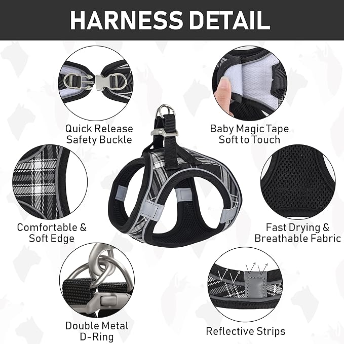 GAMUDA Small Dog Harness Collar and Leash Set, Step in No Chock No Pull Soft Mesh Adjustable Dog Vest Harnesses Plaid Reflective for Dogs Puppy Cats Kitten Rabbit (Black, XL) GAMUDACollarsCollection