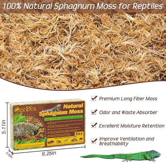ZeeDix 6OZ Sphagnum Moss for Reptiles, 8QT Premium Dried Moss for Terrarium Long Fibered Leopard Gecko Moss Natural Sphagnum Peat Moss Bedding for Frogs Anoles Snake Turtle Plants ZeeDix