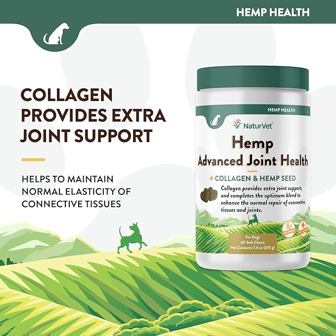 NaturVet Hemp Advanced Joint Health Dog Supplement Plus Hemp Seed – Helps Support Joint Health in Dogs – Includes, Collagen, Glucosamine, MSM, Chondroitin, Omegas – 60 Ct. NaturVet