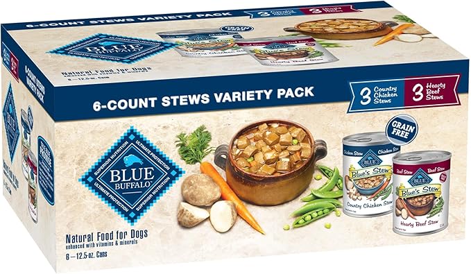 Blue Buffalo Blue's Stew Natural Wet Dog Food, Made with Natural Ingredients, Hearty Beef and Country Chicken Variety Pack, 12.5-oz. Cans, 6 Count - PAWPICO
