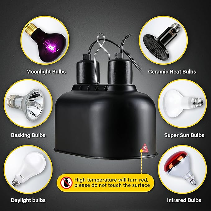 Simple Deluxe Dual Dome Reptile Light Fixture with Separate Switches, Fits Max 100W Reptile Heat Lamp/UVB Light, for Amphibians Terrarium and Tortoise Habitat SimpleDeluxe