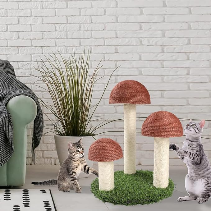 PowerKing Cat Scratching Post, Mushroom Claw Scratching Post for Cat, Natural Sisal Cat Scratchers with 3 Mushroom Pole, Cat Interactive Toys - PAWPICO
