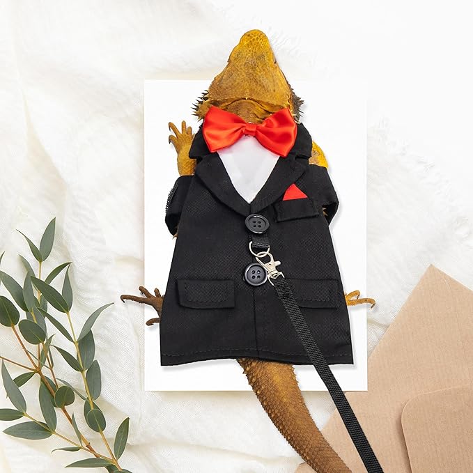CUSOZWO Bearded Dragon Costume Harness and Leash Set - Cute Tuxedo Wedding Lizard Reptile Costume Outfit with Short Leash Small Animal Clothes for Birthday, Wedding, Holiday, Walking Outdoor CUSOZWO