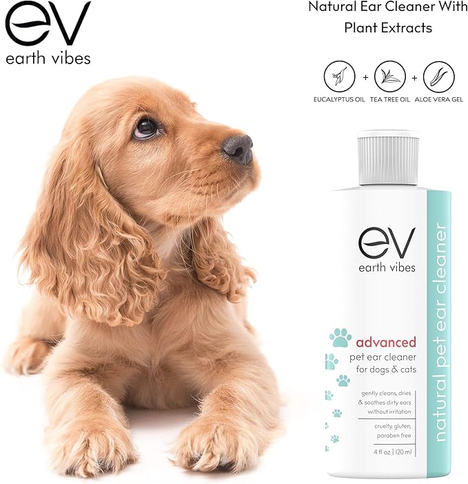 Earth Vibes Dog & Cat Ear Cleaner – Pet Cat Ear Cleaner - Advanced Natural Solution Treatment for Itching, Head Shaking, Discharge & Smelly Ears - Made in The USA EarthVibes