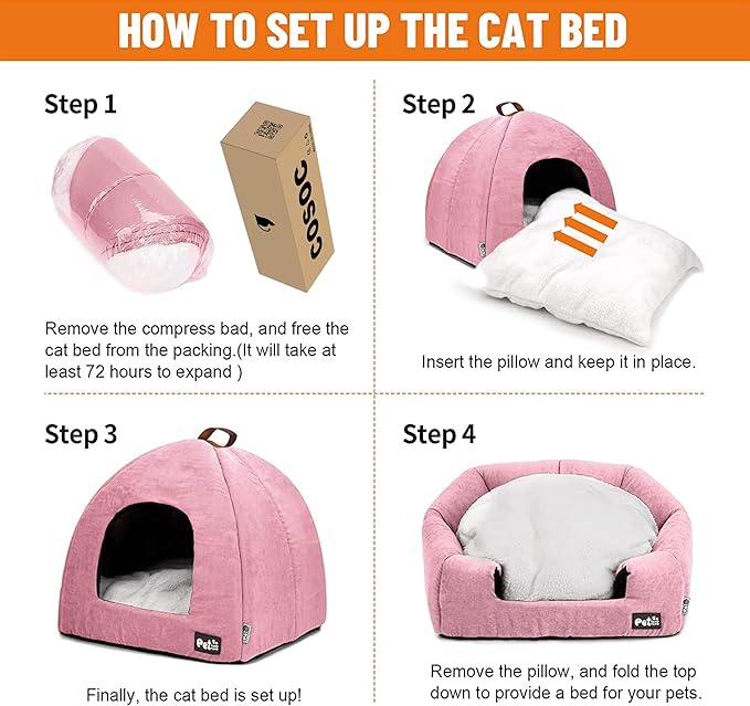 Cat Beds for Indoor Cats -Premium Pet Beds for Cats and Small Dogs, Cat Bed Cave, Comfortable Covered Cat Bed, Cat Tent, Kitten Bed, Small Animal Bed and Cat Hut with Cushioned Pillow (Large, Pink) - PAWPICO