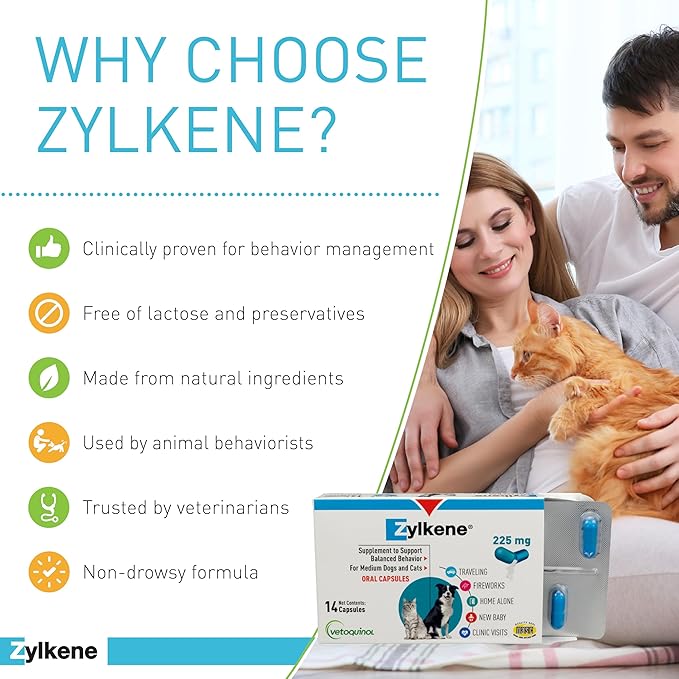Vetoquinol Zylkene Behavior Support Capsules for Medium Dogs 33-65lbs, Calming All Natural Milk Protein Supplement, Helps Relieve Dog Anxiety During Fireworks and Thunder, 225mg Vetoquinol