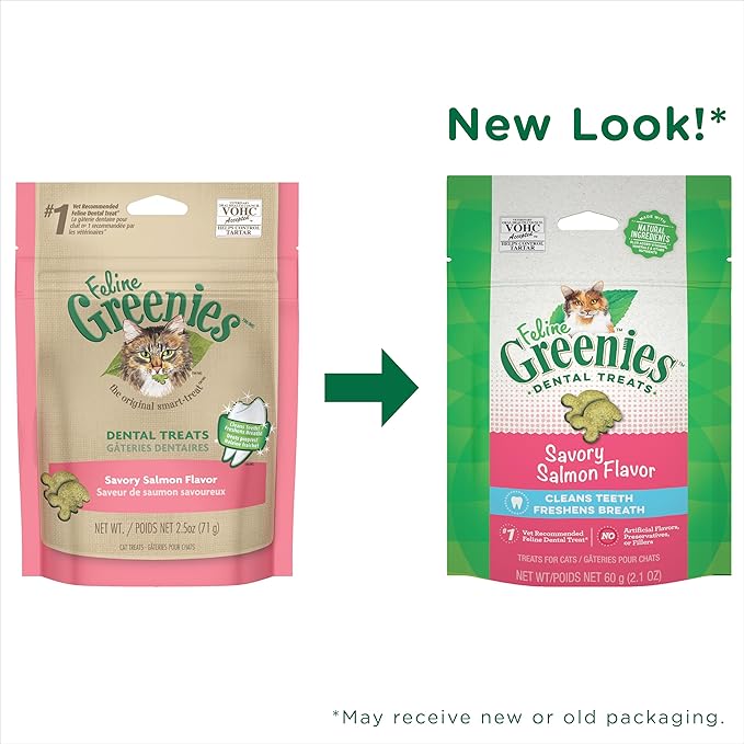 FELINE GREENIES Adult Natural Dental Care Cat Treats, Savory Salmon Flavor, 2.1 oz. Pouch GREENIES