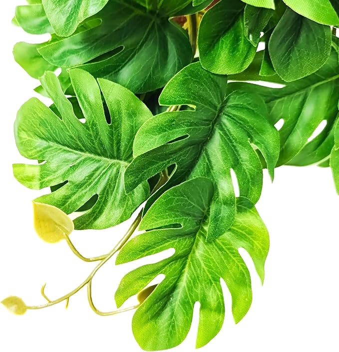 Woyrise Reptile Plants for Terrarium, Artificial Hanging Plants with Suction Cups, Amphibian Tank Habitat Decor Plastic Plant for Bearded Dragons Lizards Snake Geckos Frogs - 2Pack Fake Monstera Woyrise