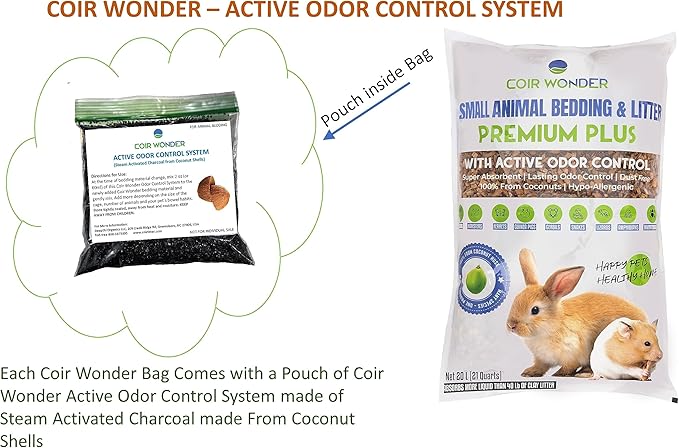 Small Animal Bedding & Litter - 20 Liter - with Activated Charcoal Odor Control - Coco Chip Substrate for Rabbit, Hamster - Reptile Terrarium for Snakes, Dragon Lizards & Turtle, Tortoise CoirWonder