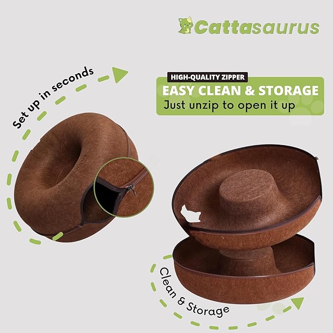 CATTASAURUS Peekaboo Cat Cave for Multiple & Large Cats Up to 30-45 Lbs, Scratch Detachable & Washable Tunnel Bed, Comfy Donut Cat Cave (Brown, Large) - PAWPICO