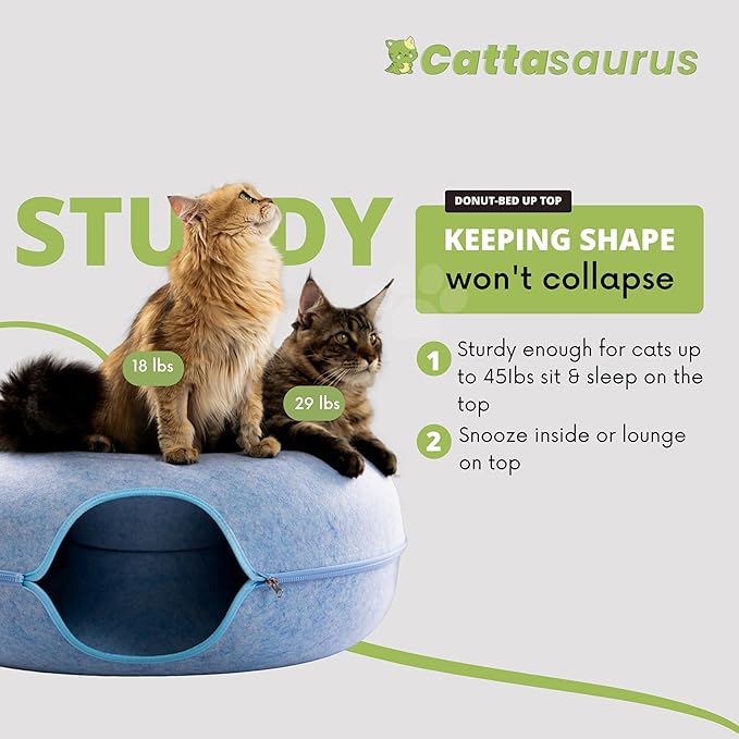 CATTASAURUS Peekaboo Cat Cave for Multiple & Large Cats Up to 30-45 Lbs, Scratch Detachable & Washable Tunnel Bed, Comfy Donut Cat Cave (Blue, Jumbo) - PAWPICO