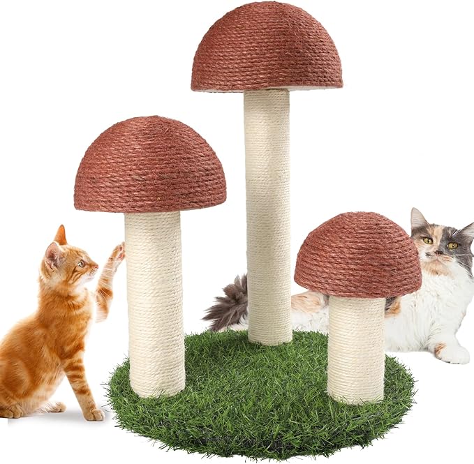 PowerKing Cat Scratching Post, Mushroom Claw Scratching Post for Cat, Natural Sisal Cat Scratchers with 3 Mushroom Pole, Cat Interactive Toys - PAWPICO