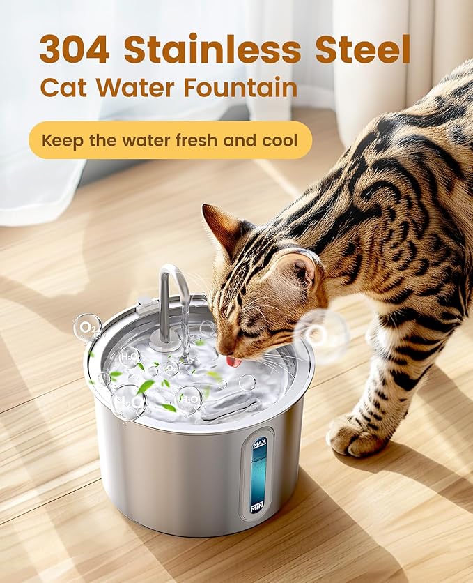 oneisall Stainless Steel Cat Water Fountain, 2L Water Fountains for Cats Indoor Dishwasher Safe with Quiet Pump and 3 Replacement Filters, Automatic Pet Water Fountain Faucet Spout Design - PAWPICO