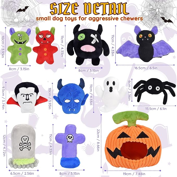Halloween Dog Toys Set, 11 Pack Squeaky Dog Toys for Aggressive Chewers, Pumpkin Dog Toy Bundle, Assorted Dog Toys to Keep Them Busy, Dog Toys Gift for Large Medium Small Dogs - PAWPICO