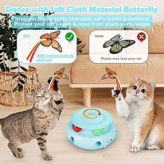 3-in-1 Interactive Cat Toys for Indoor Cats, Automatic 6 Holes Mice Whack-A-Mole, Fluttering Butterfly, Track Balls, USB Rechargeable, Ultra Fun Smart Interactive Kitten Toy (Tiffany Blue) - PAWPICO