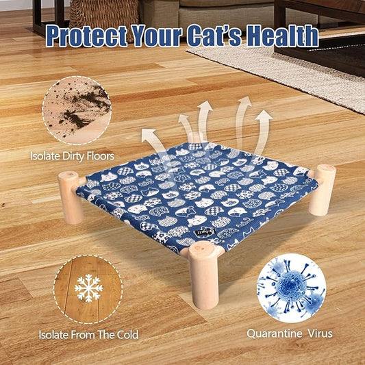 Cat/Dog Bed,Wooden Pet Hammock Bed,Elevated Breathable Dog Bed, Detachable Portable Indoor/Outdoor Cat Beds&Furniture,Suitable for Kitty,Puppy,Bunny and Small Animal(Blue Cats) - PAWPICO