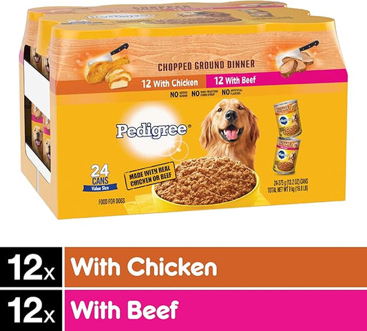PEDIGREE CHOPPED GROUND DINNER Adult Canned Soft Wet Dog Food Variety Pack, with Chicken and Beef, 13.2 oz. Cans 24 Pack - PAWPICO