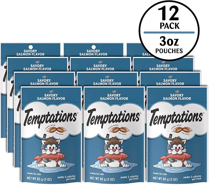 Temptations Classic Crunchy and Soft Cat Treats Savory Salmon Flavor, 3 oz. Pouch (Pack of 12) Temptations