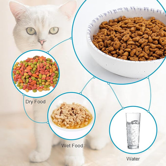 Howise Ceramic Cat Bowls, 5.19 in Cat Food Bowl Cat Dishes for Food and Water, 3 Pack Shallow Pet Bowls for Indoor Cats, White with Violet Blue - PAWPICO