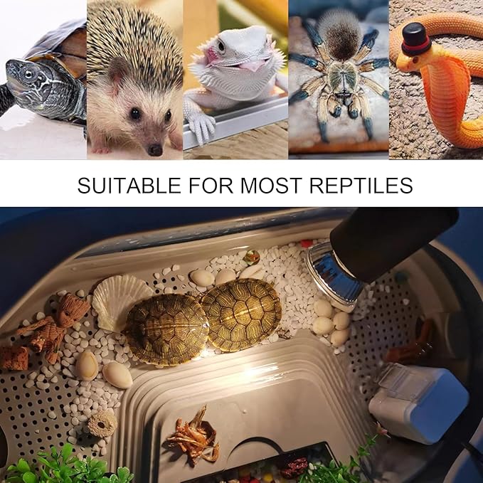 Upgraded Reptile Heat Lamp, UVA/UVB Turtle Heat Light Dimmable Aquarium Basking Light with 2 Bulbs Habitat Heating Lamp with 360° Rotatable for Terrarium Reptiles Lizard Snake PUEUTU
