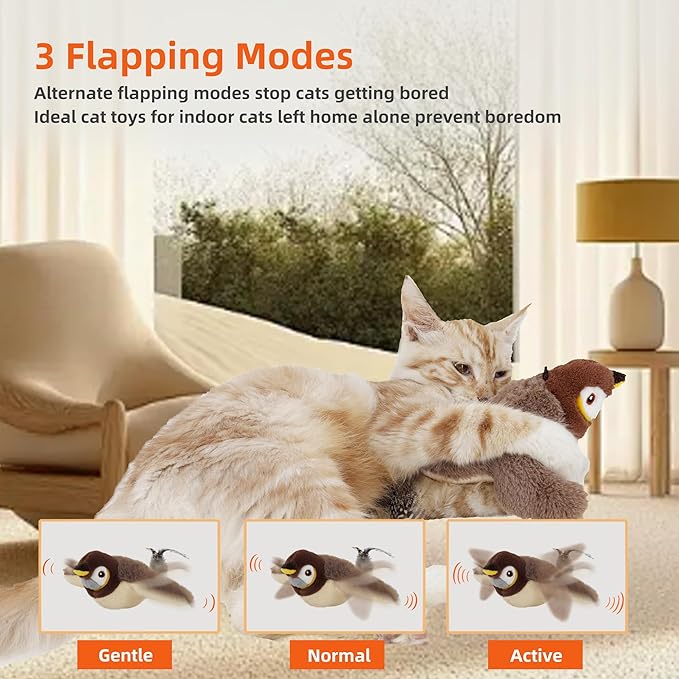 Flapping Bird Cat Toy, Rechargeable Lifelike Interactive Bird Cat Toys for Indoor Cats, Flapping Wings & Lively Chirping, Automatic Catnip Toys for Kitten Self Play Touch Activated (Sparrow) - PAWPICO
